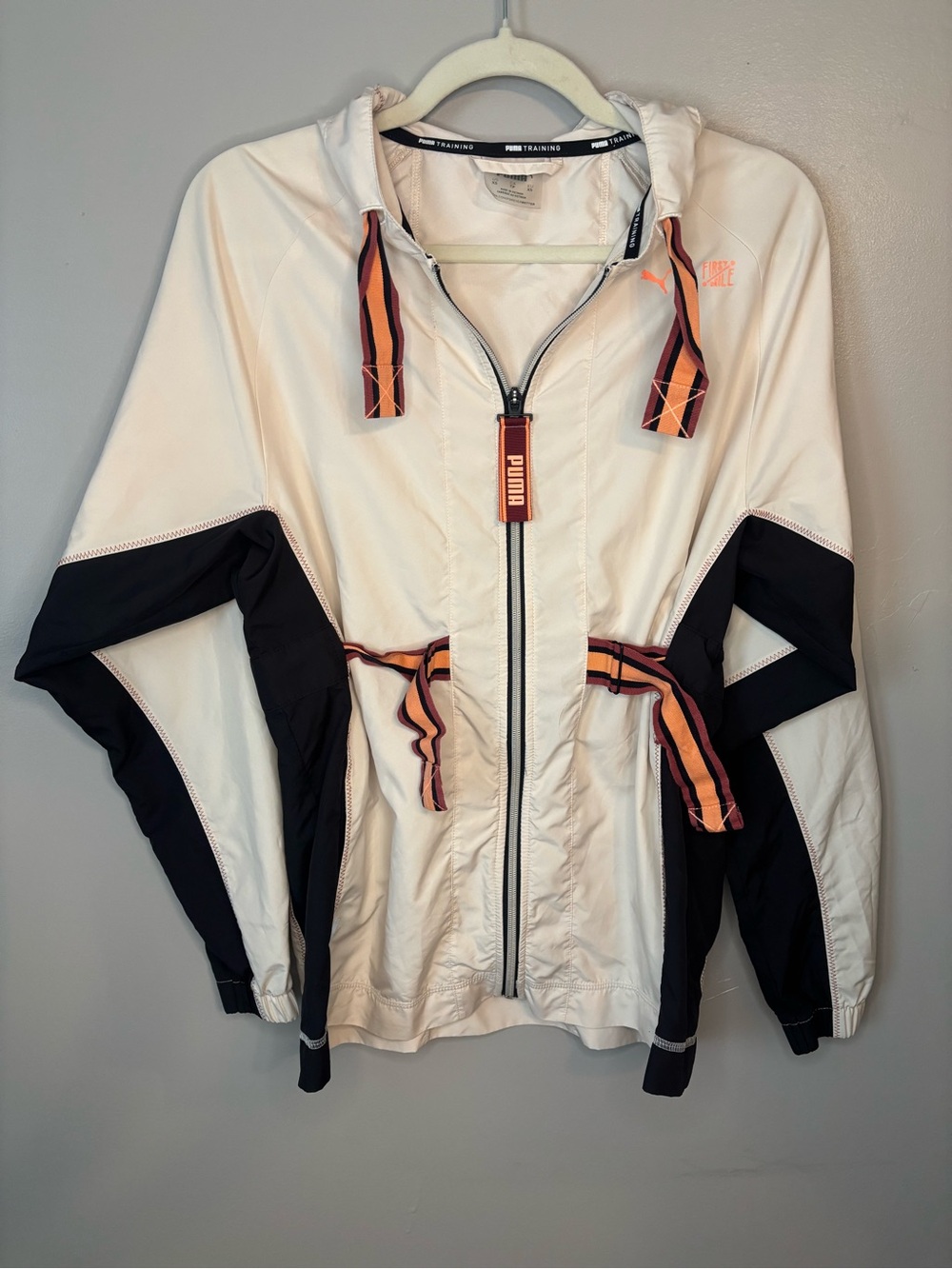 Puma Women’s White Black Hooded Utility Jacket with Orange Striped Accents